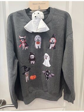 NWT Since Forever Gray Halloween Dog Graphic Sweatshirt & Keychain/bag charm-XL
